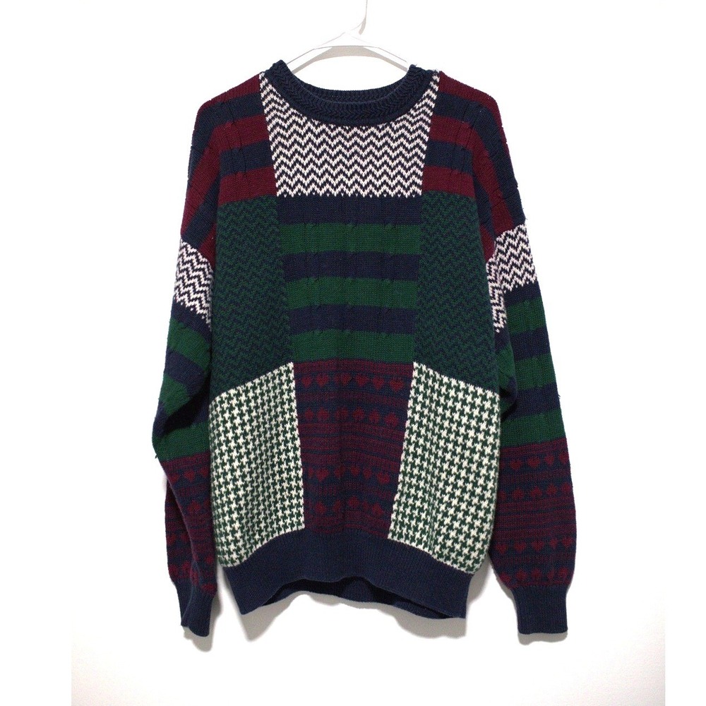 Hill & Archer Mens Patchwork Knit Sweater Large Mixed Pattern Crewneck Vintage